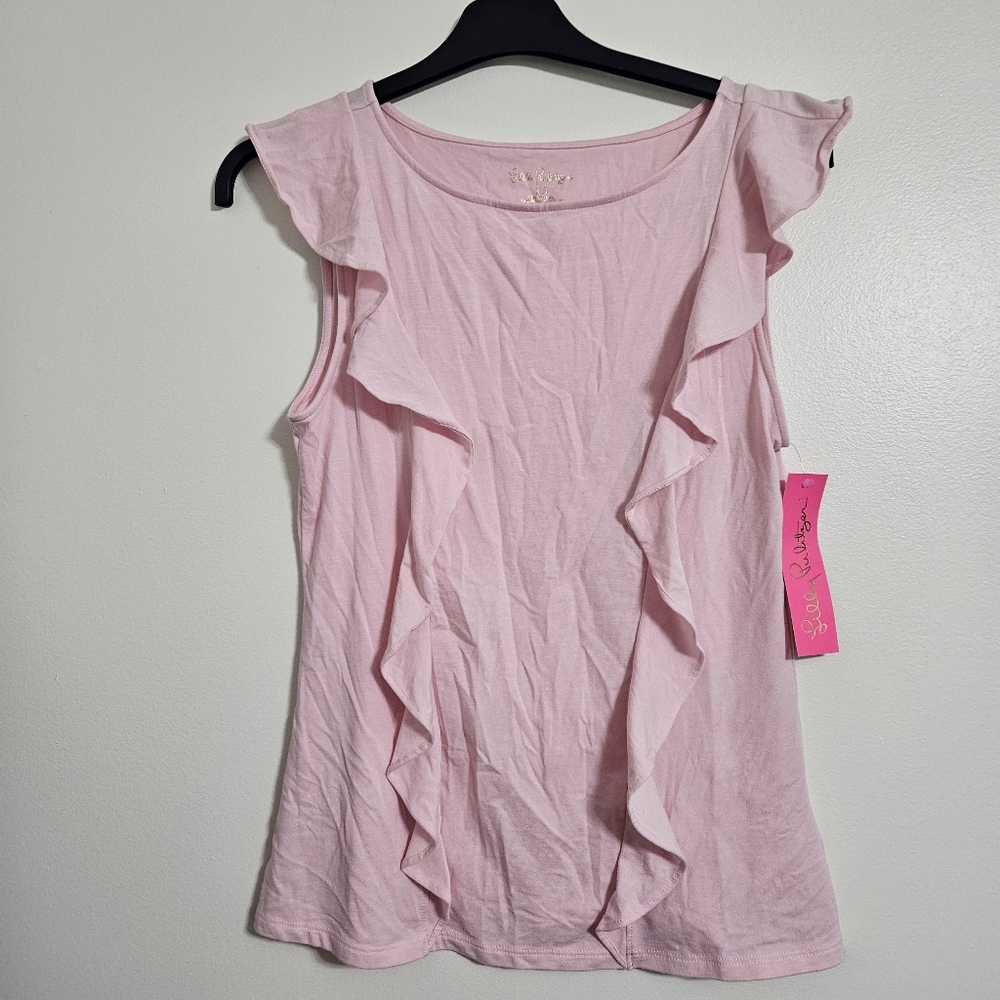 Lilly Pullitzer Austen Top pink tropics sleeveless ruffled XS Pima cotton preppy